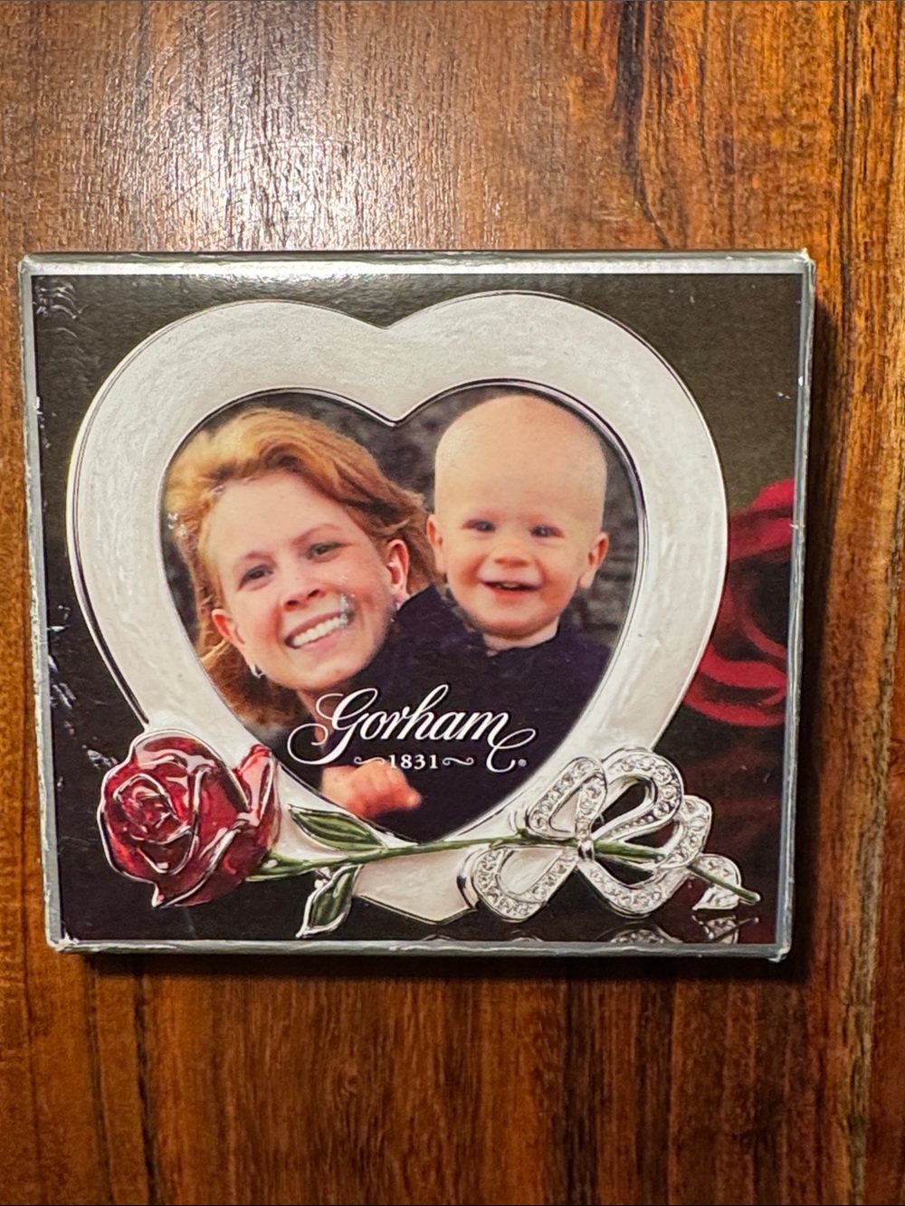 Gorham Heart Photo Frame with Red Rose and Silver Bow Accent